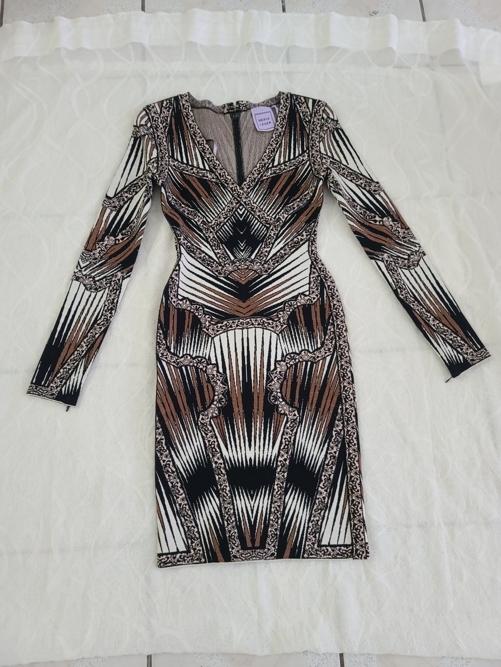 Herve Leger Long Sleeve Geometric Bodycon Dress in Black, White & Brown